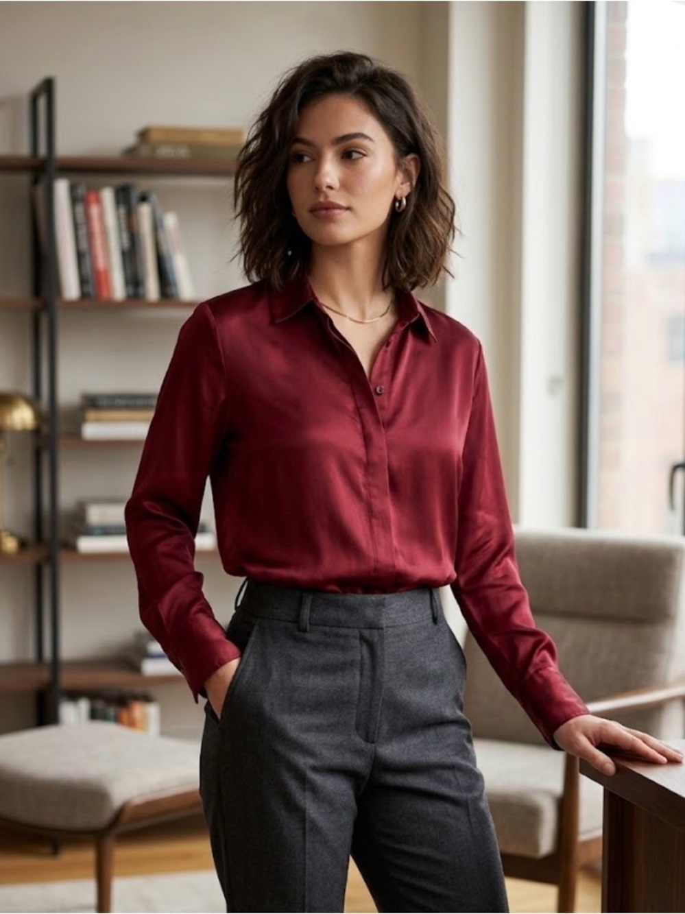 Old Navy Satin Button-Down Blouse in Deep Wine